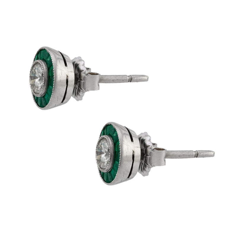 Art Deco style diamond emerald platinum target stud earrings
