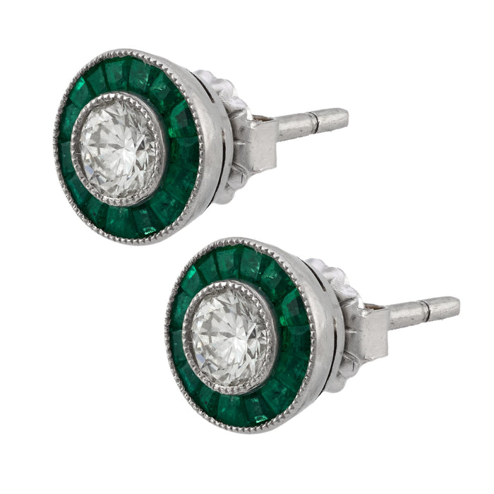 Art Deco style diamond emerald platinum target stud earrings