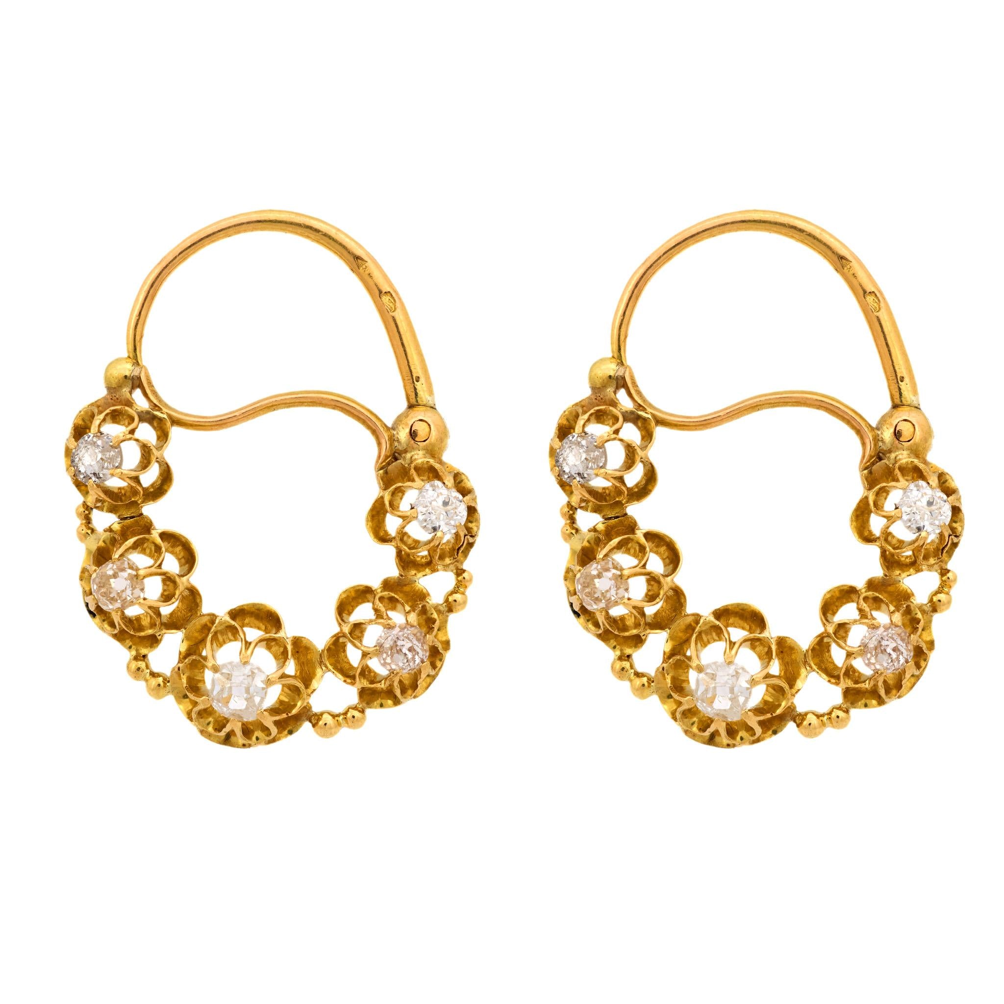Victorian French diamond 18k yellow gold hoop earrings