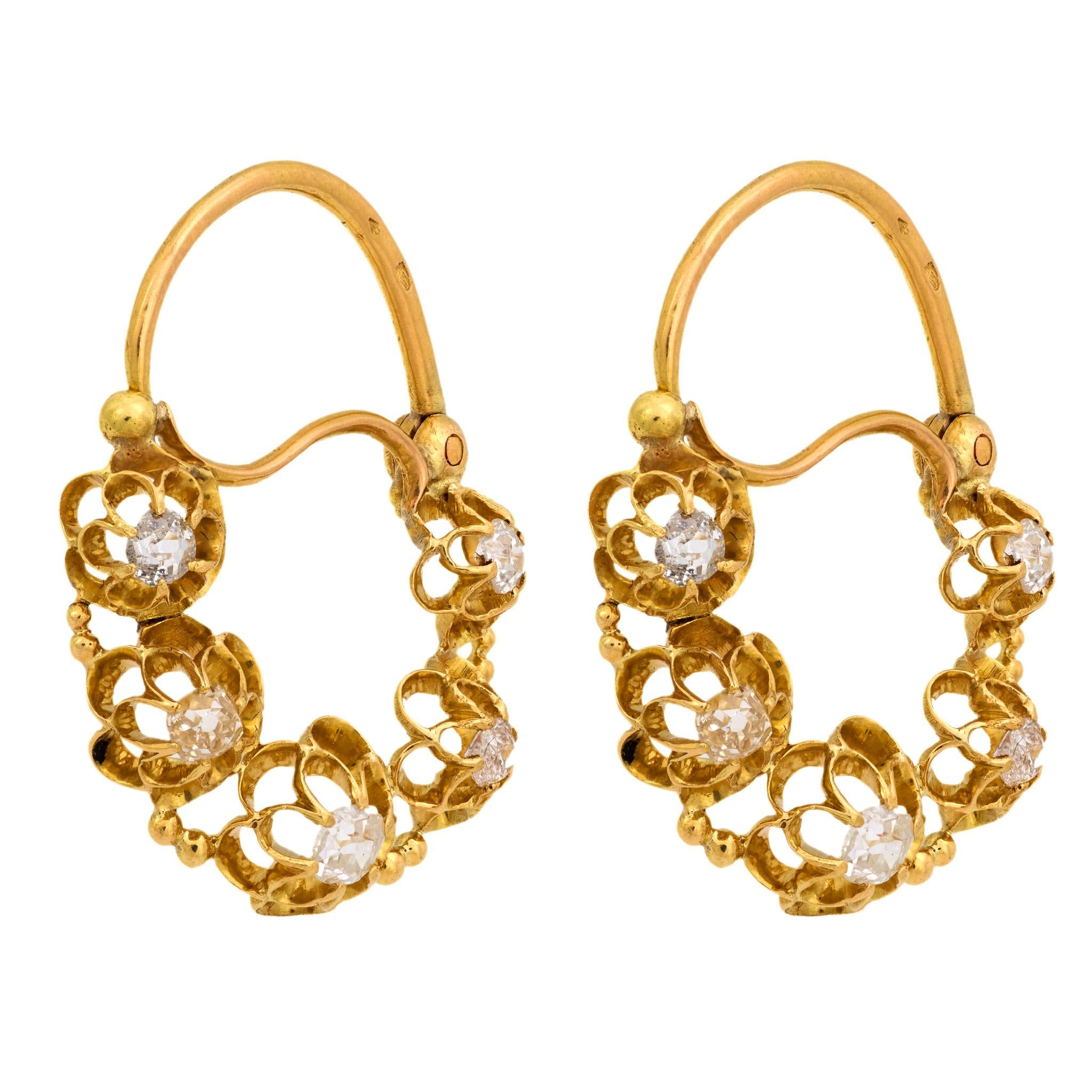 Victorian French diamond 18k yellow gold hoop earrings