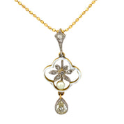 Victorian old cut diamond pearl 18k yellow gold enamel necklace