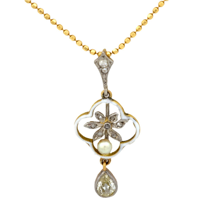 Victorian old cut diamond pearl 18k yellow gold enamel necklace
