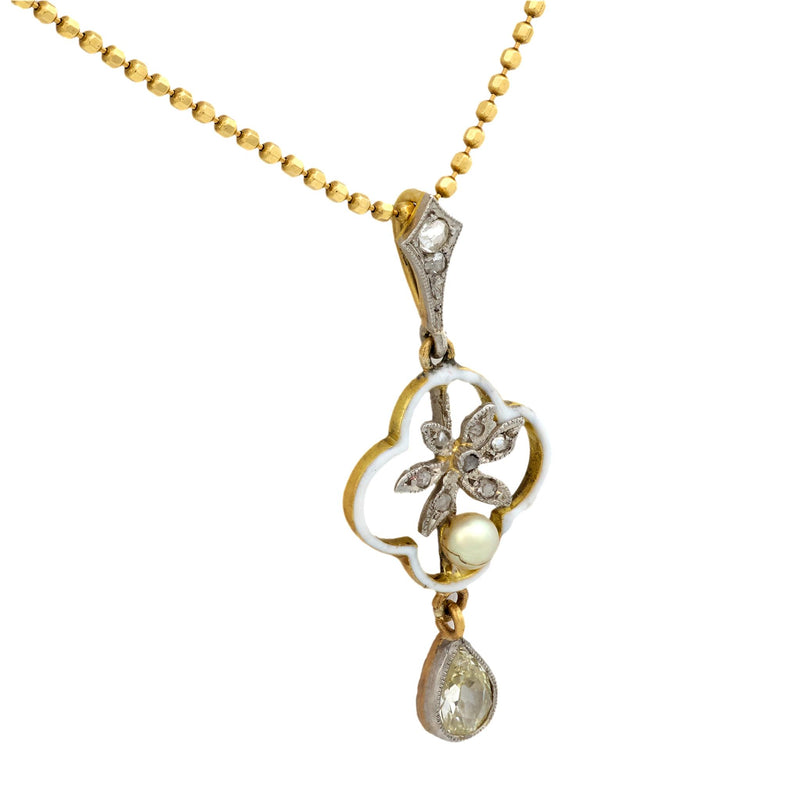Victorian old cut diamond pearl 18k yellow gold enamel necklace