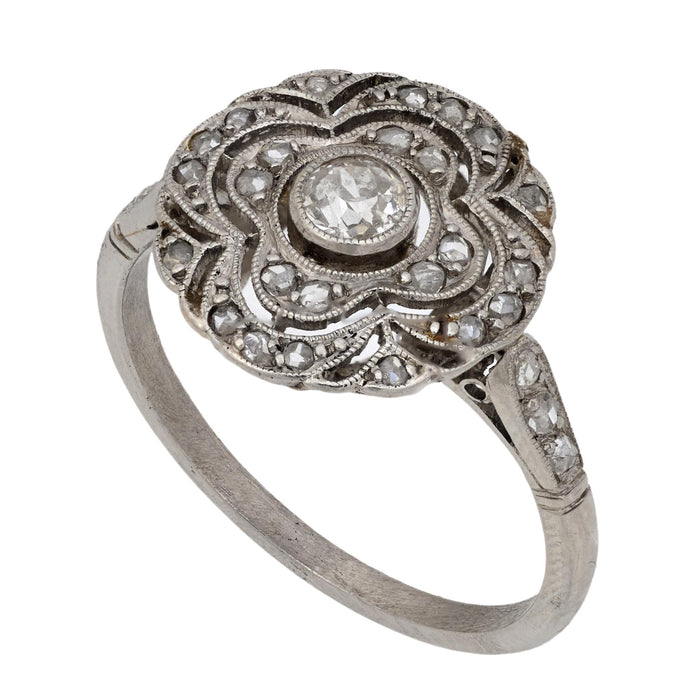 Art Deco diamond platinum circular filigree ring
