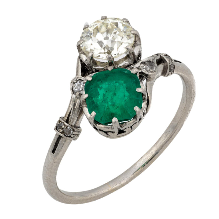 Edwardian emerald diamond platinum Toi Et Moi ring