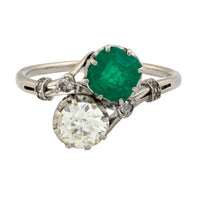 Edwardian emerald diamond platinum Toi Et Moi ring