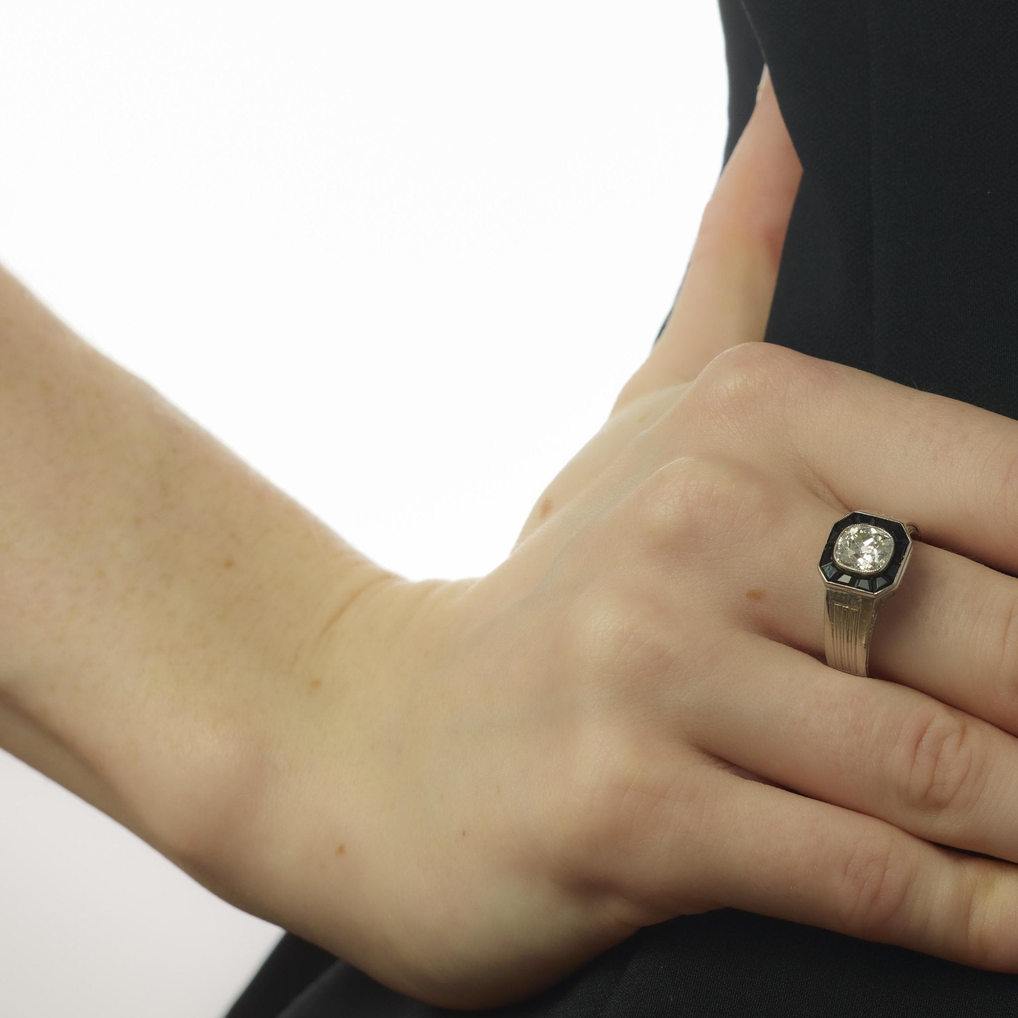 Art Deco style 1.25 carat old mine cut diamond onyx platinum engagement ring