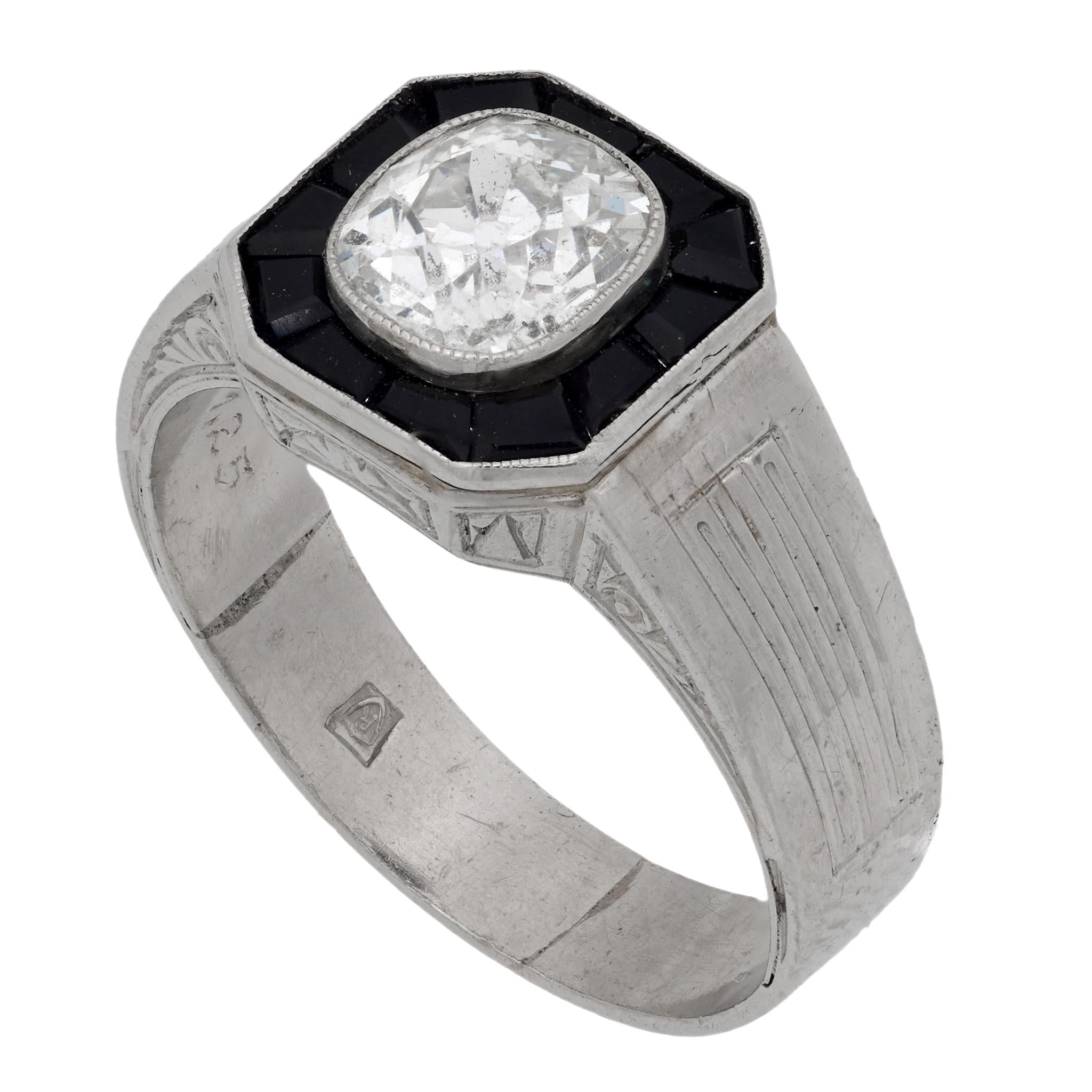 Art Deco style 1.25 carat old mine cut diamond onyx platinum engagement ring
