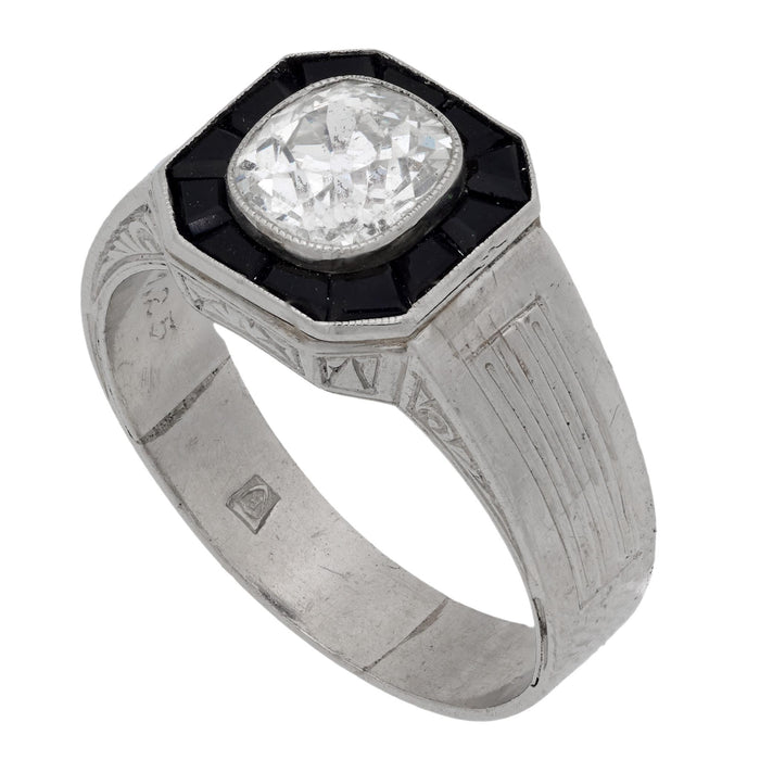 Art Deco style 1.25 carat old mine cut diamond onyx platinum engagement ring