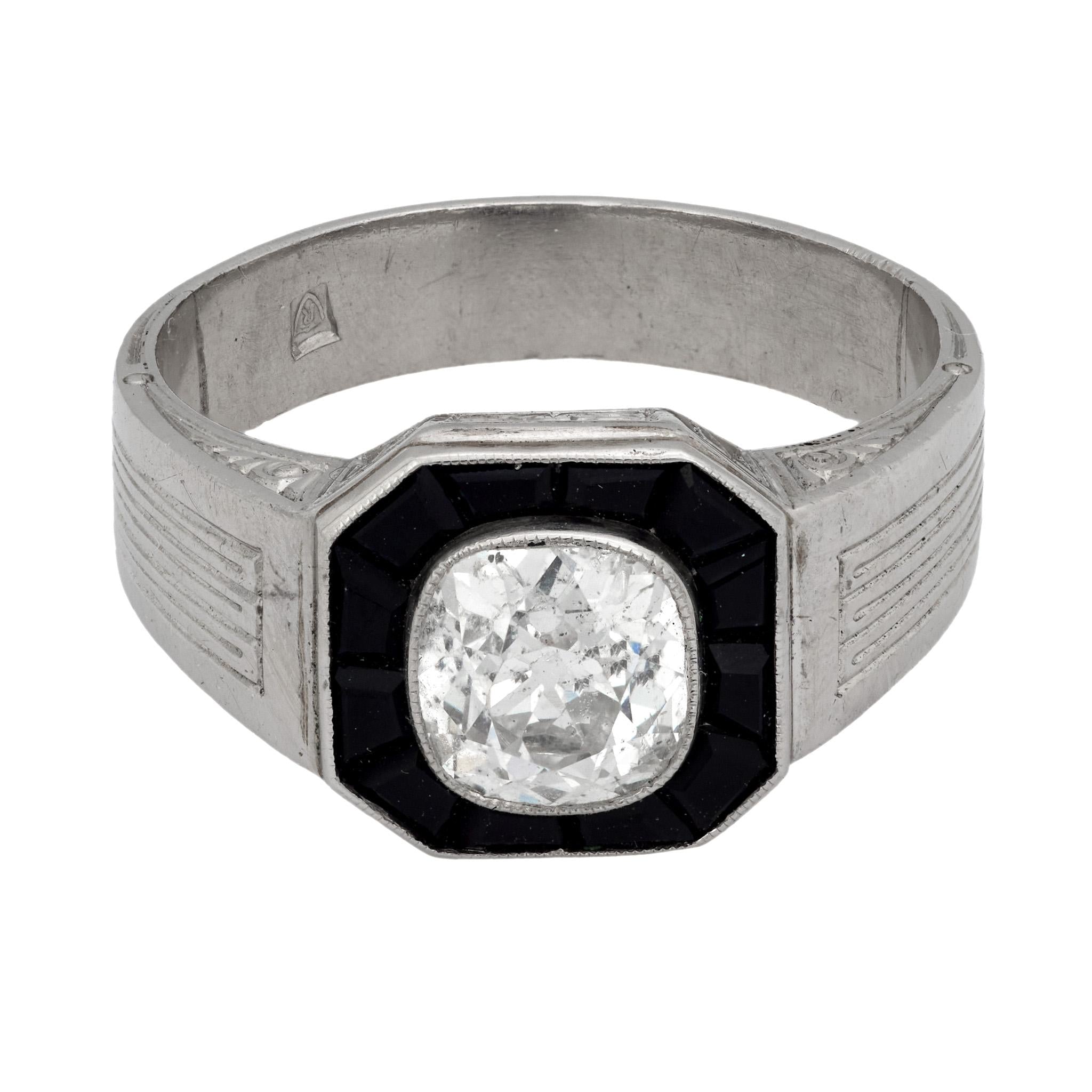 Art Deco style 1.25 carat old mine cut diamond onyx platinum engagement ring