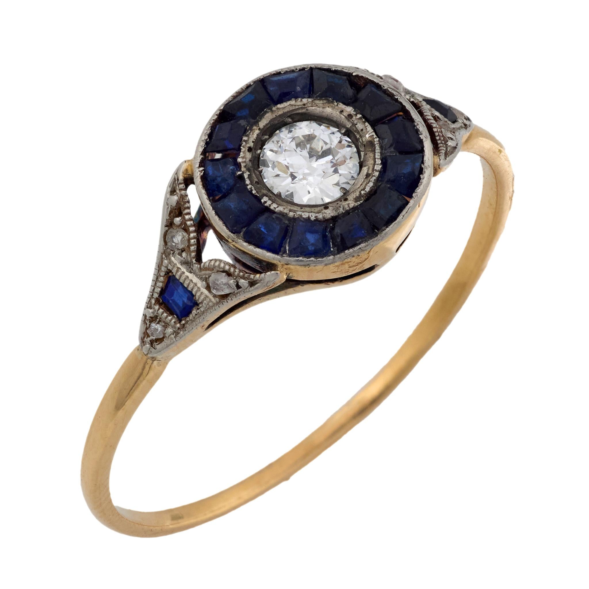 Art Deco diamond sapphire 18k yellow gold and platinum target ring