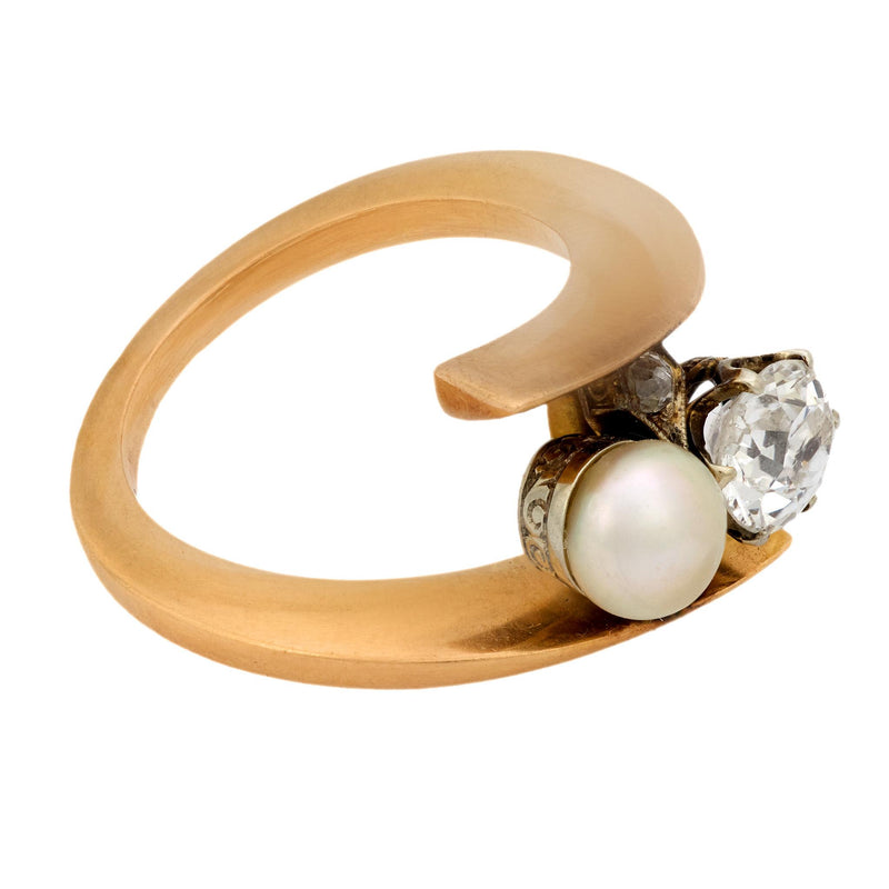 Edwardian pearl diamond 18k yellow and white gold Toi Et Moi ring