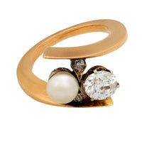 Edwardian pearl diamond 18k yellow and white gold Toi Et Moi ring