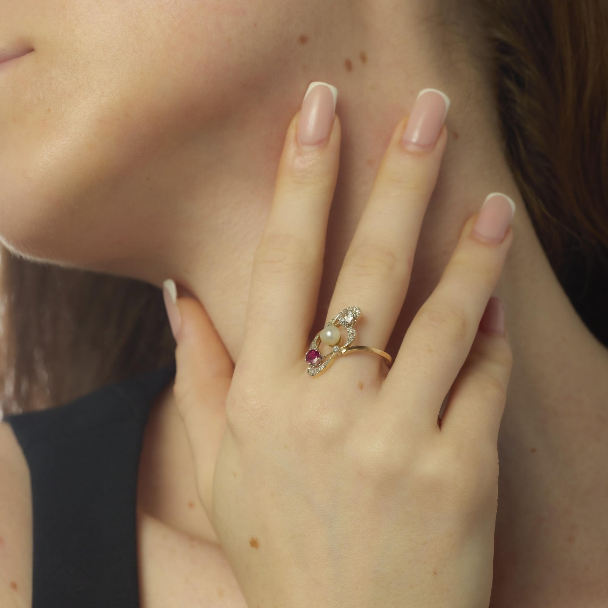 Edwardian pearl ruby diamond 18k yellow gold ring