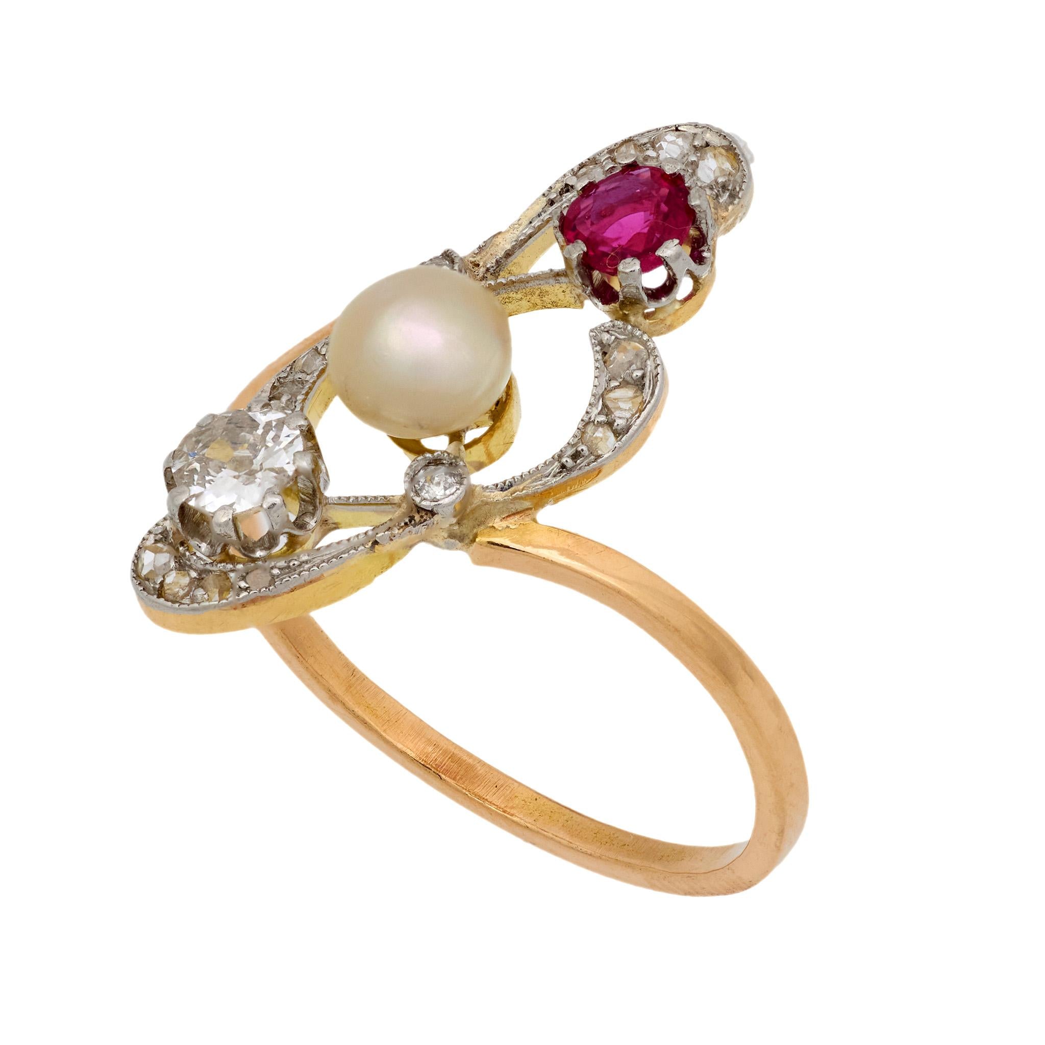 Edwardian pearl ruby diamond 18k yellow gold ring