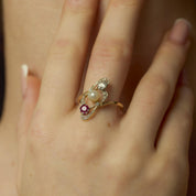 Edwardian pearl ruby diamond 18k yellow gold ring