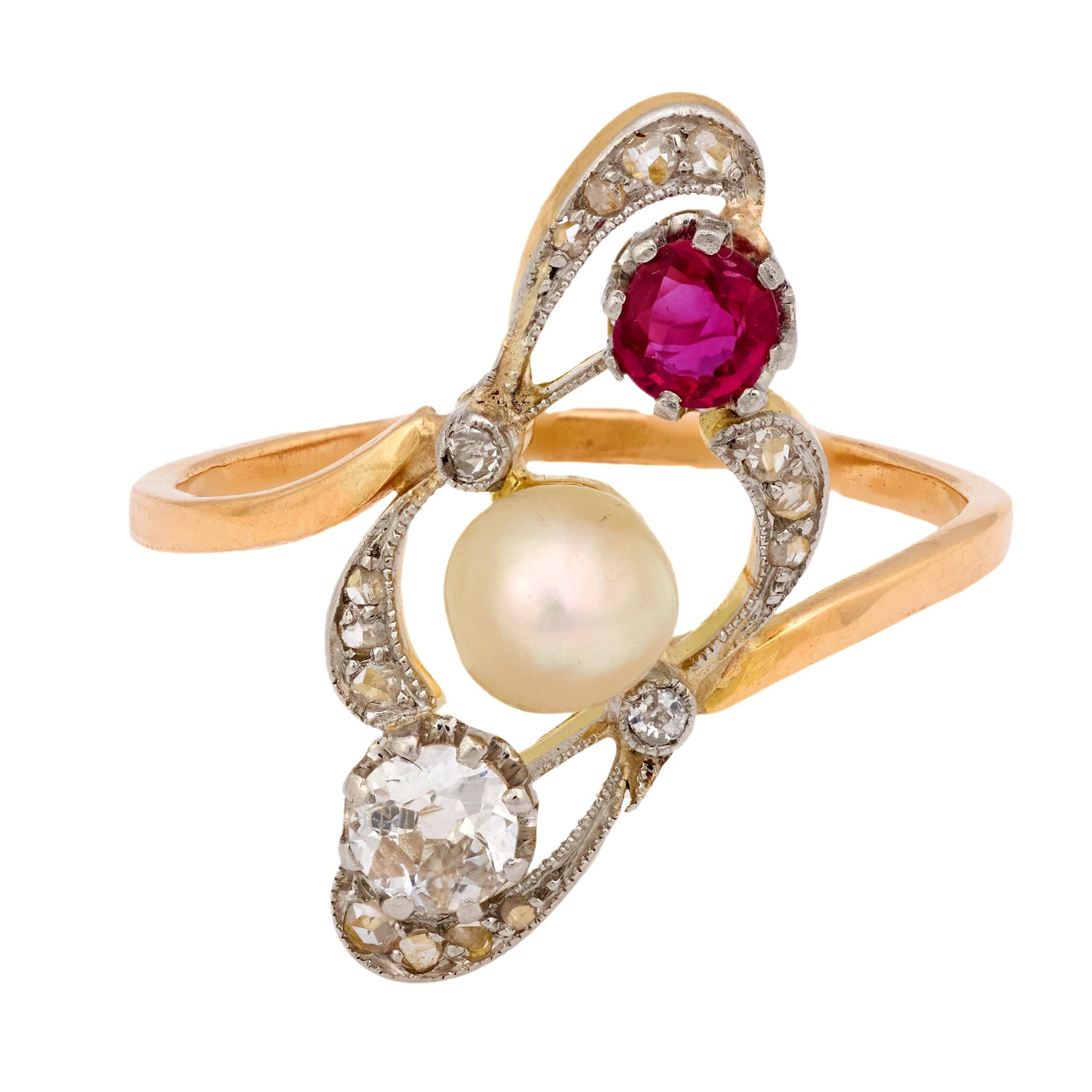 Edwardian pearl ruby diamond 18k yellow gold ring