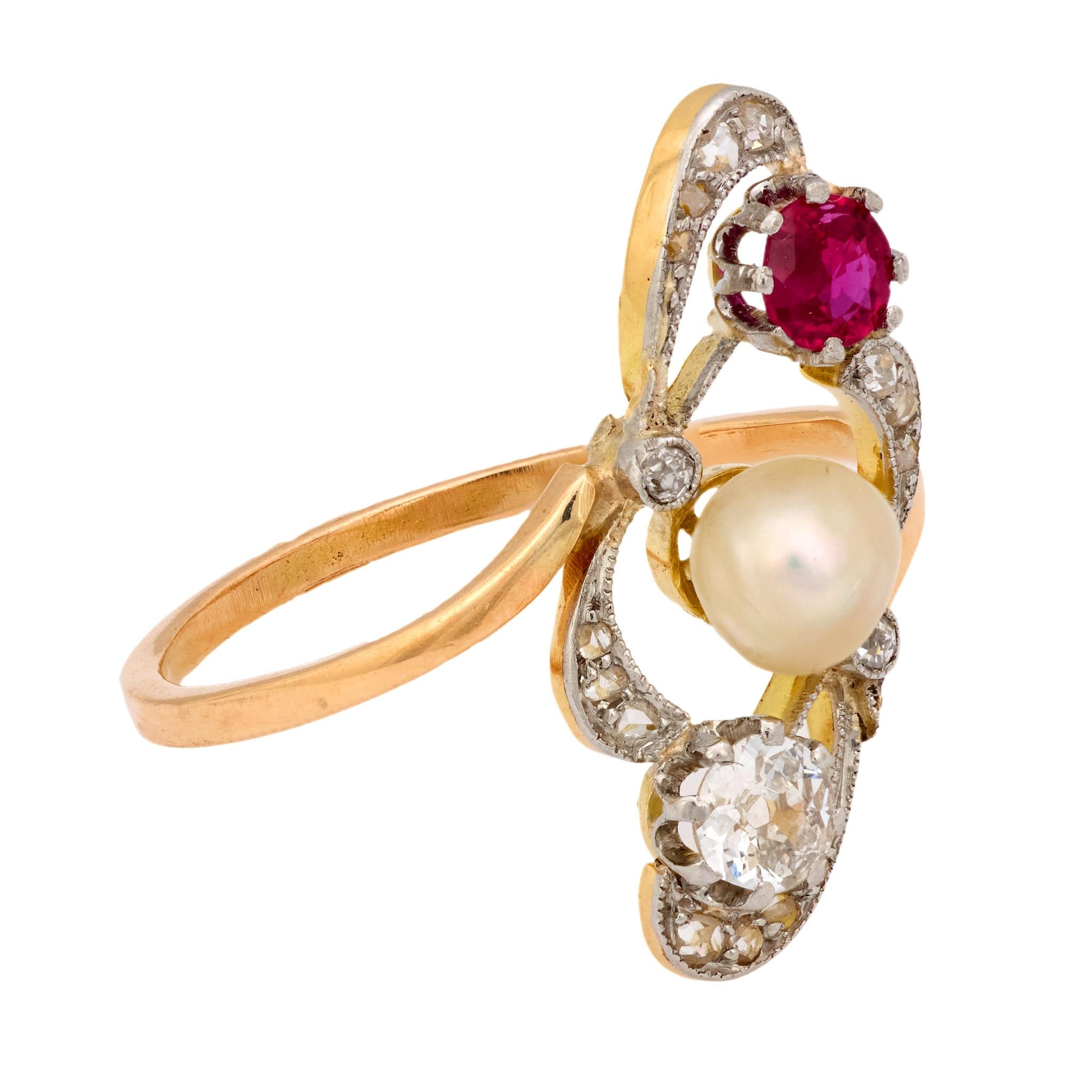 Edwardian pearl ruby diamond 18k yellow gold ring