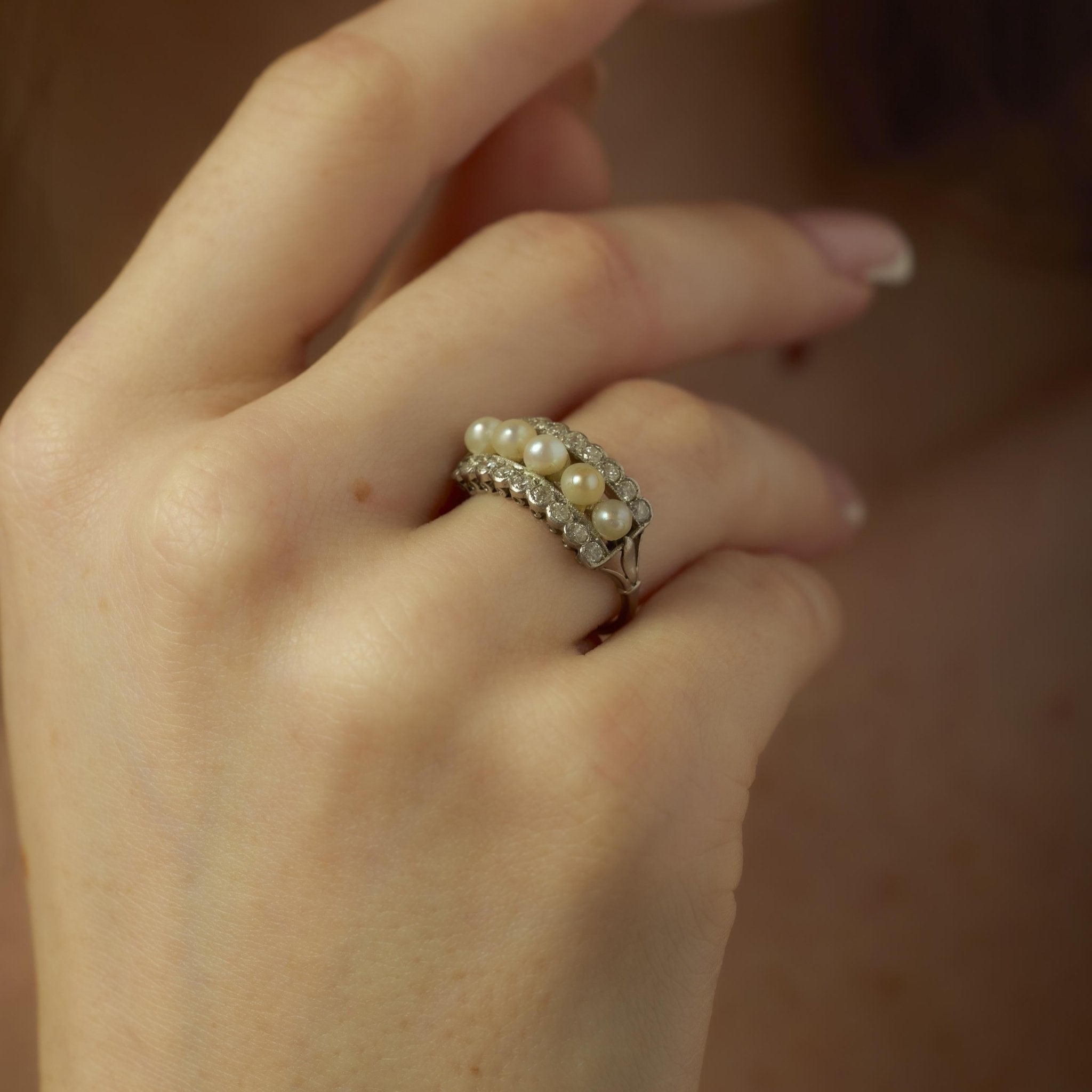 Art Deco pearl diamond platinum ring