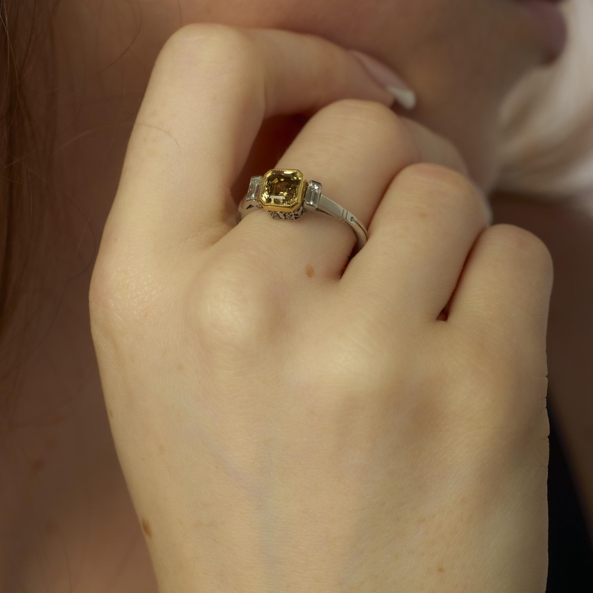 Vintage 1.74 carat fancy yellow brown diamond platinum 18k yellow gold ring