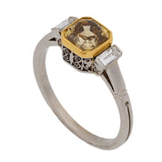 Vintage 1.74 carat fancy yellow brown diamond platinum 18k yellow gold ring