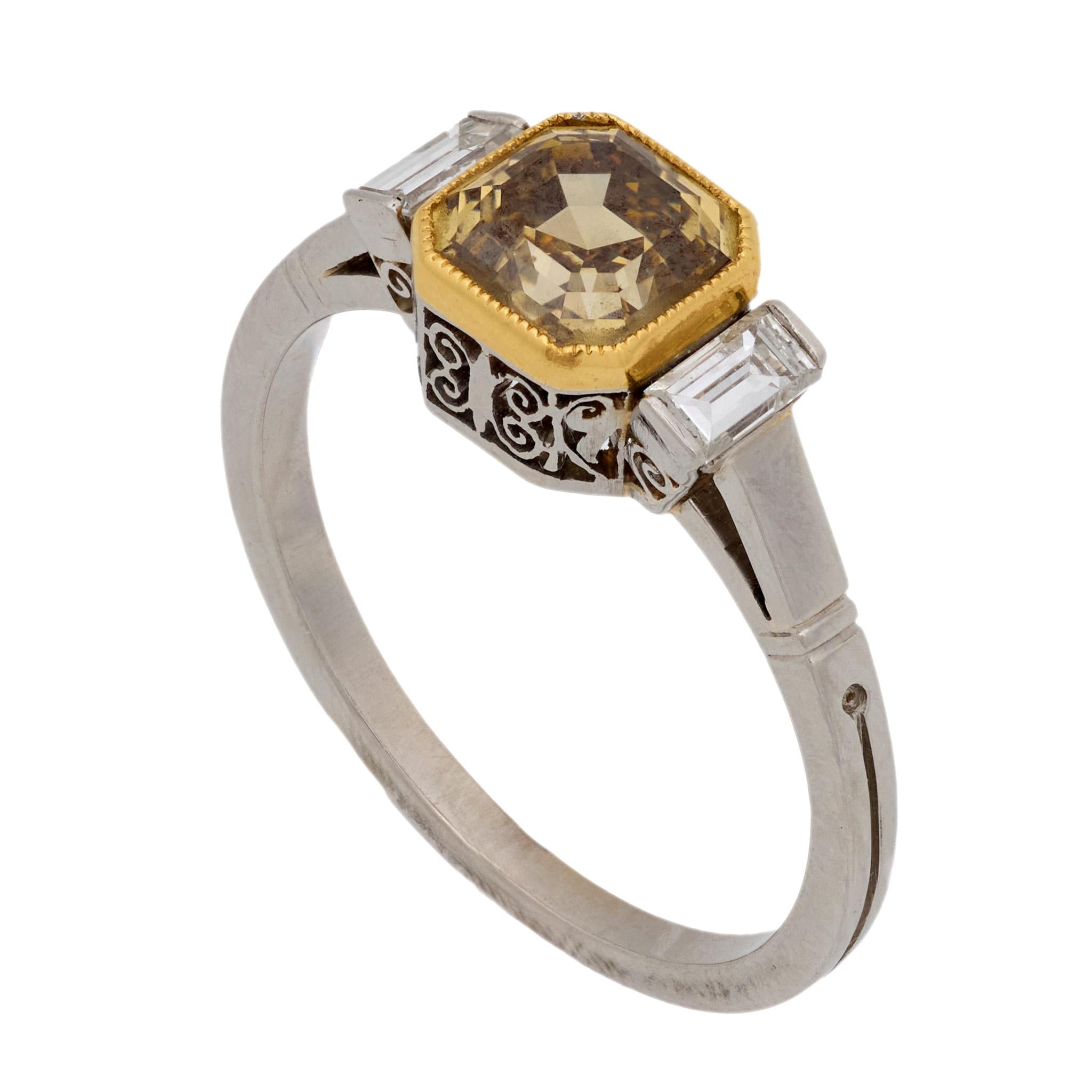 Vintage 1.74 carat fancy yellow brown diamond platinum 18k yellow gold ring