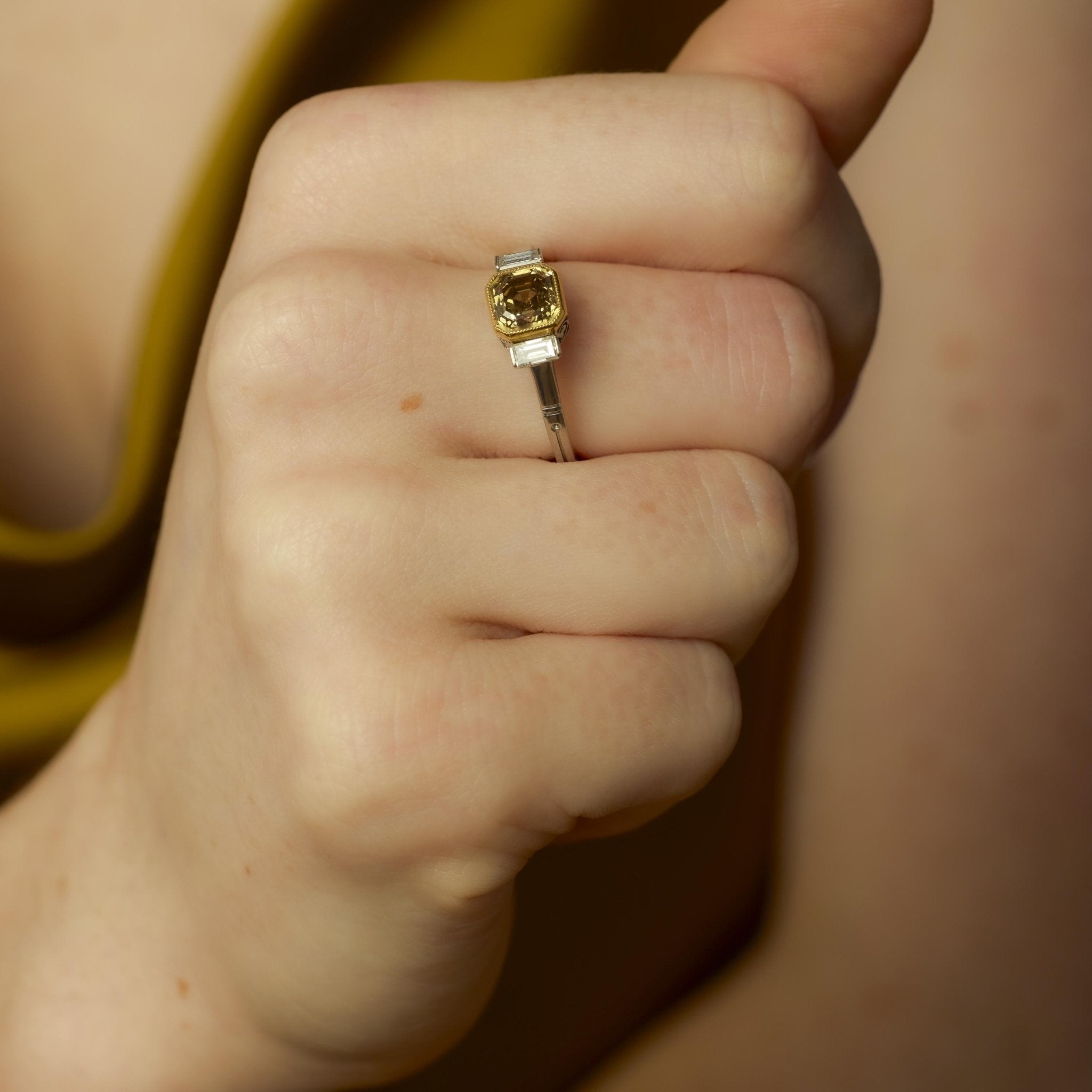 Vintage 1.74 carat fancy yellow brown diamond platinum 18k yellow gold ring