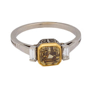 Vintage 1.74 carat fancy yellow brown diamond platinum 18k yellow gold ring