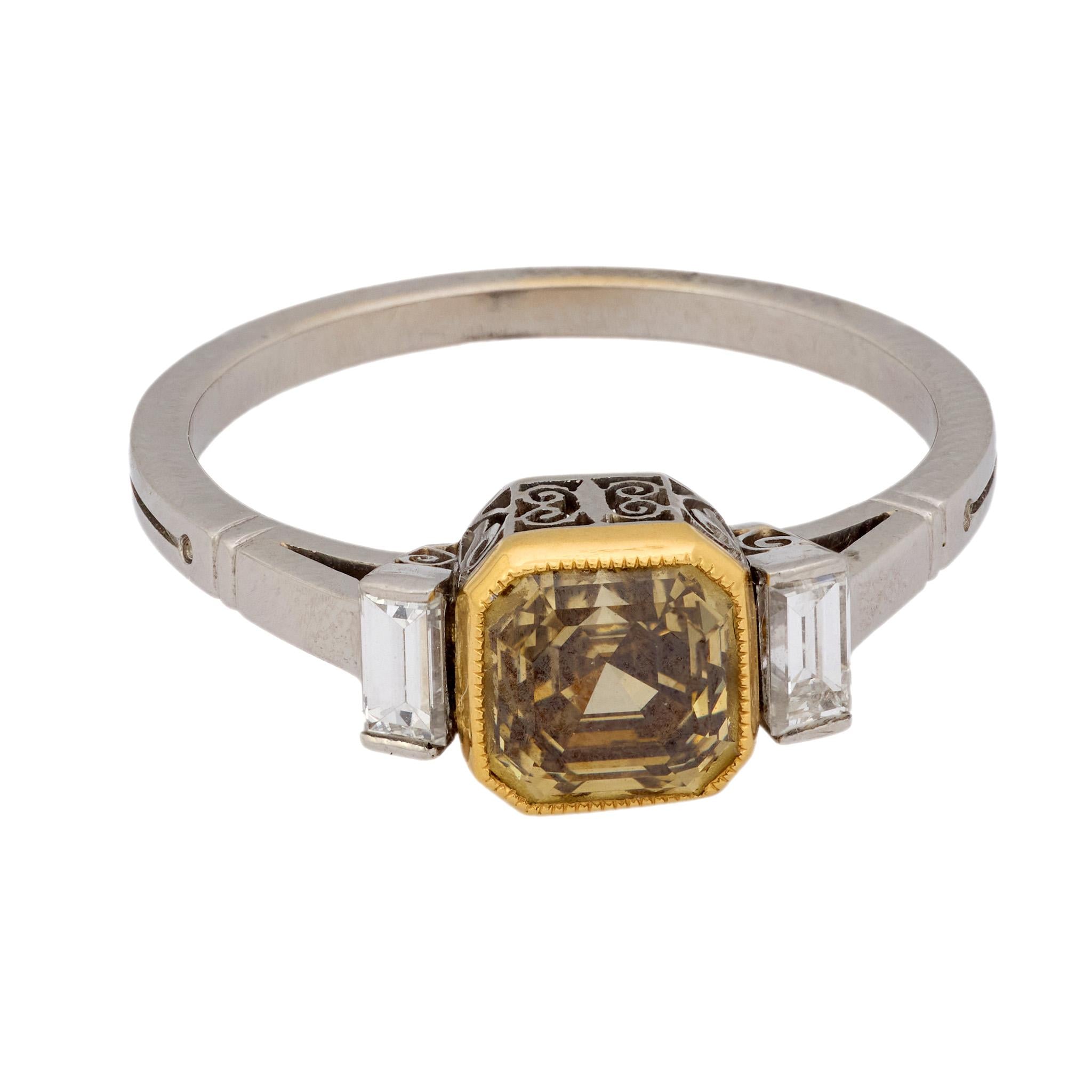 Vintage 1.74 carat fancy yellow brown diamond platinum 18k yellow gold ring