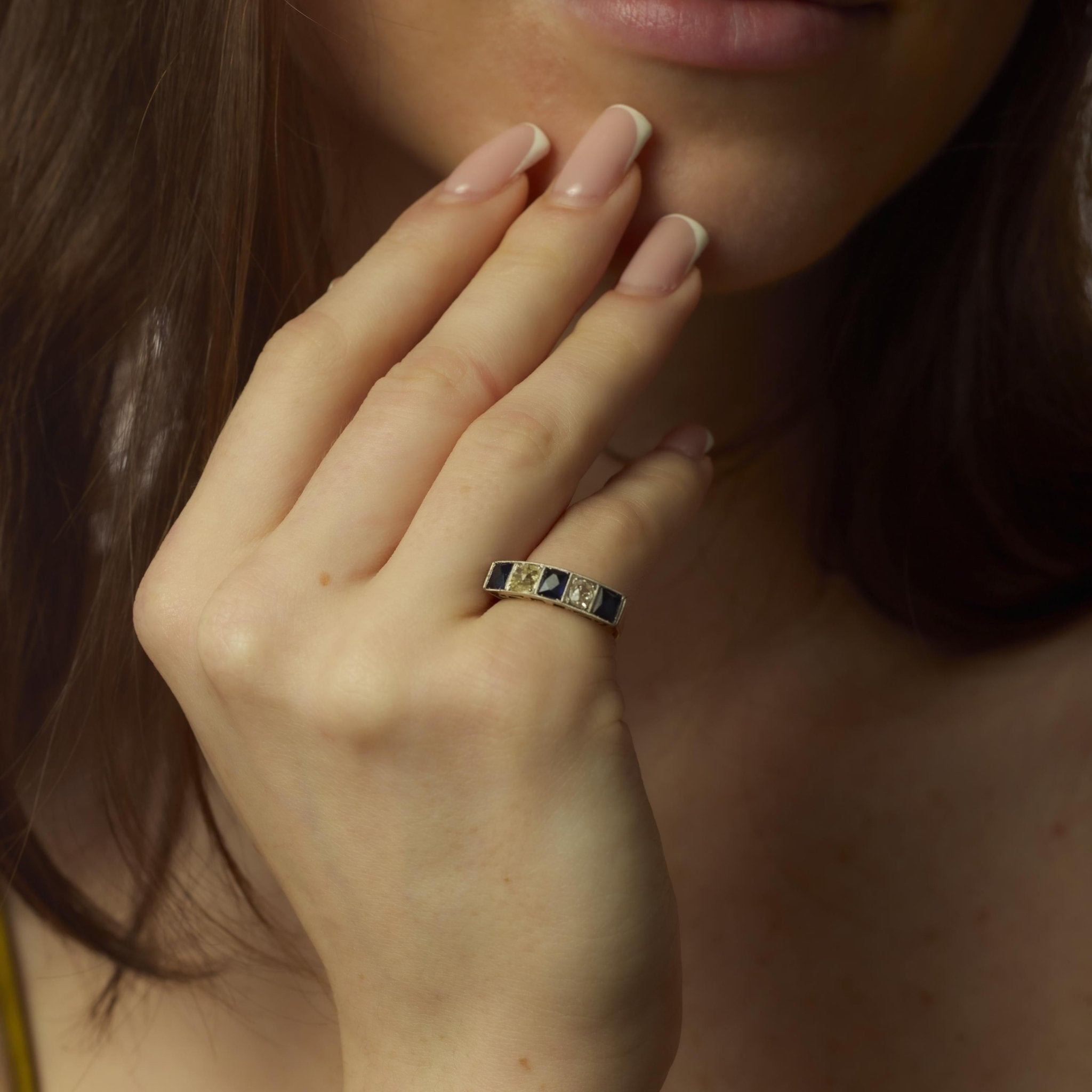 Edwardian sapphire diamond 18k yellow gold five stone ring