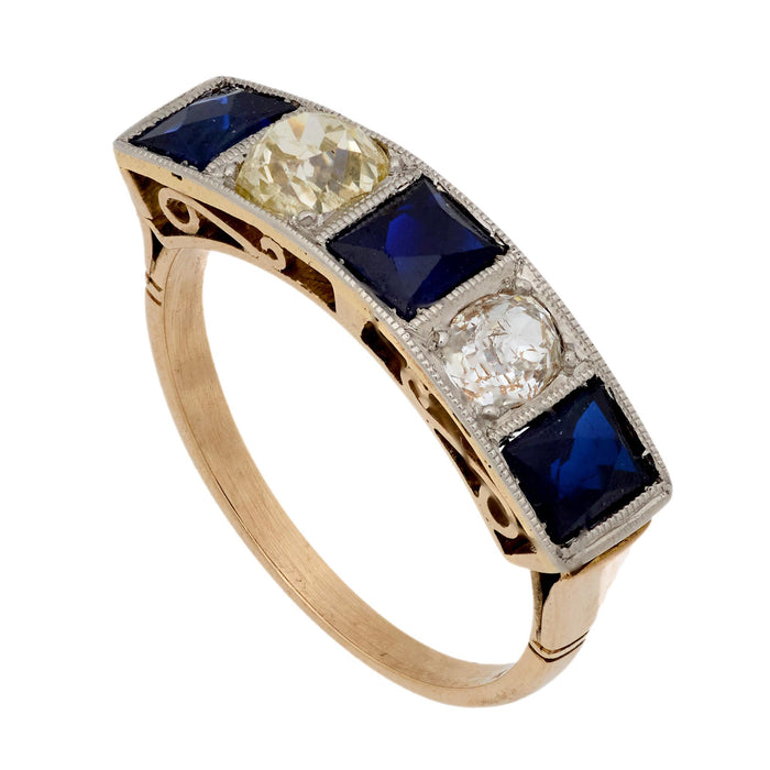 Edwardian sapphire diamond 18k yellow gold five stone ring