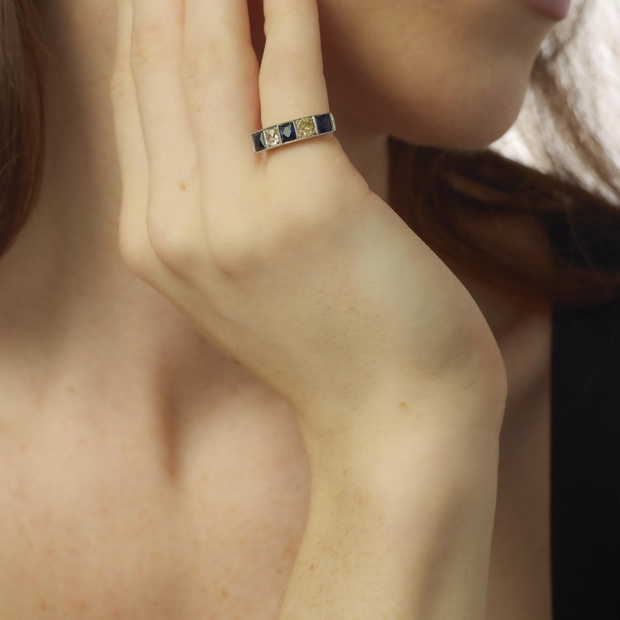 Edwardian sapphire diamond 18k yellow gold five stone ring