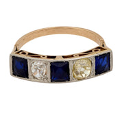Edwardian sapphire diamond 18k yellow gold five stone ring