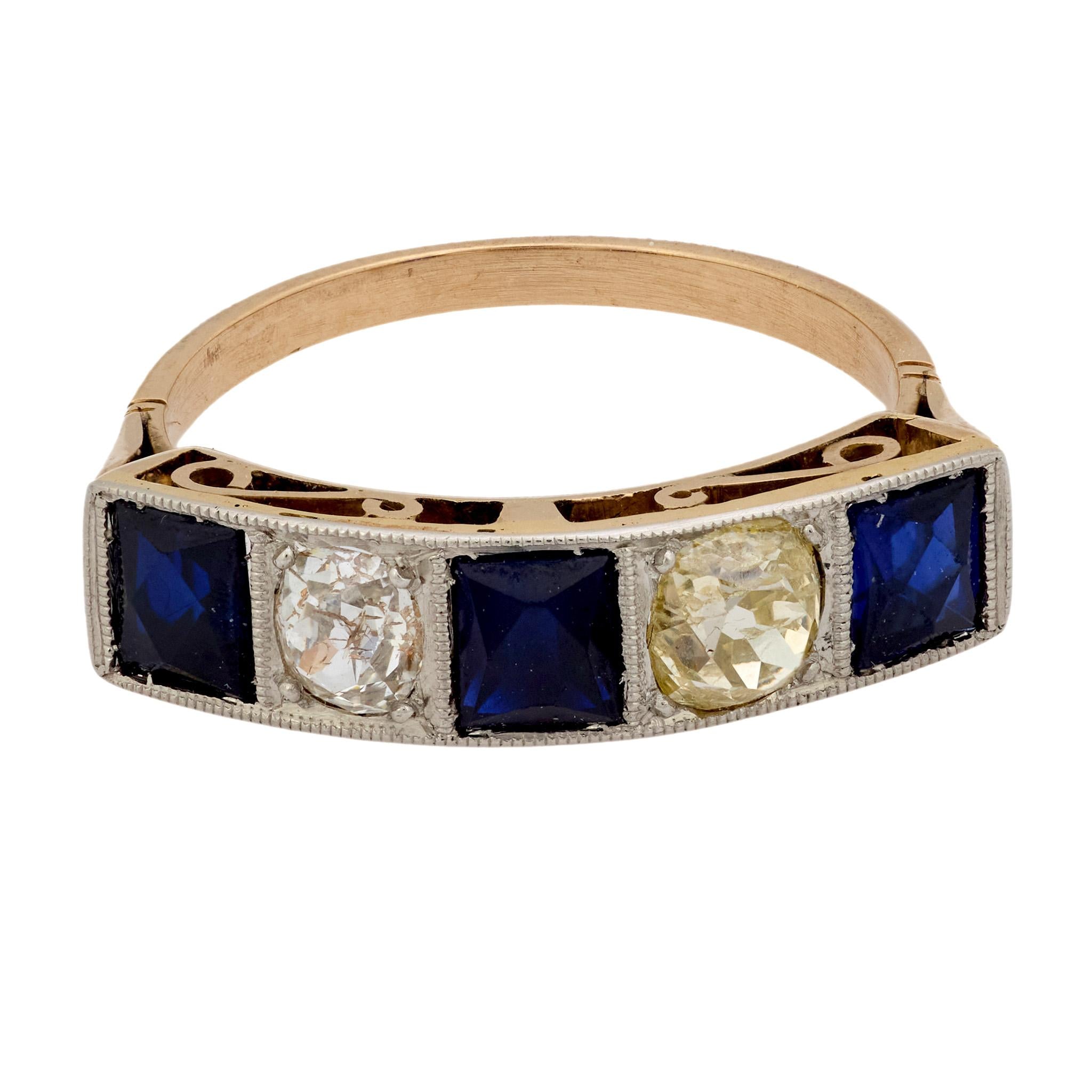 Edwardian sapphire diamond 18k yellow gold five stone ring