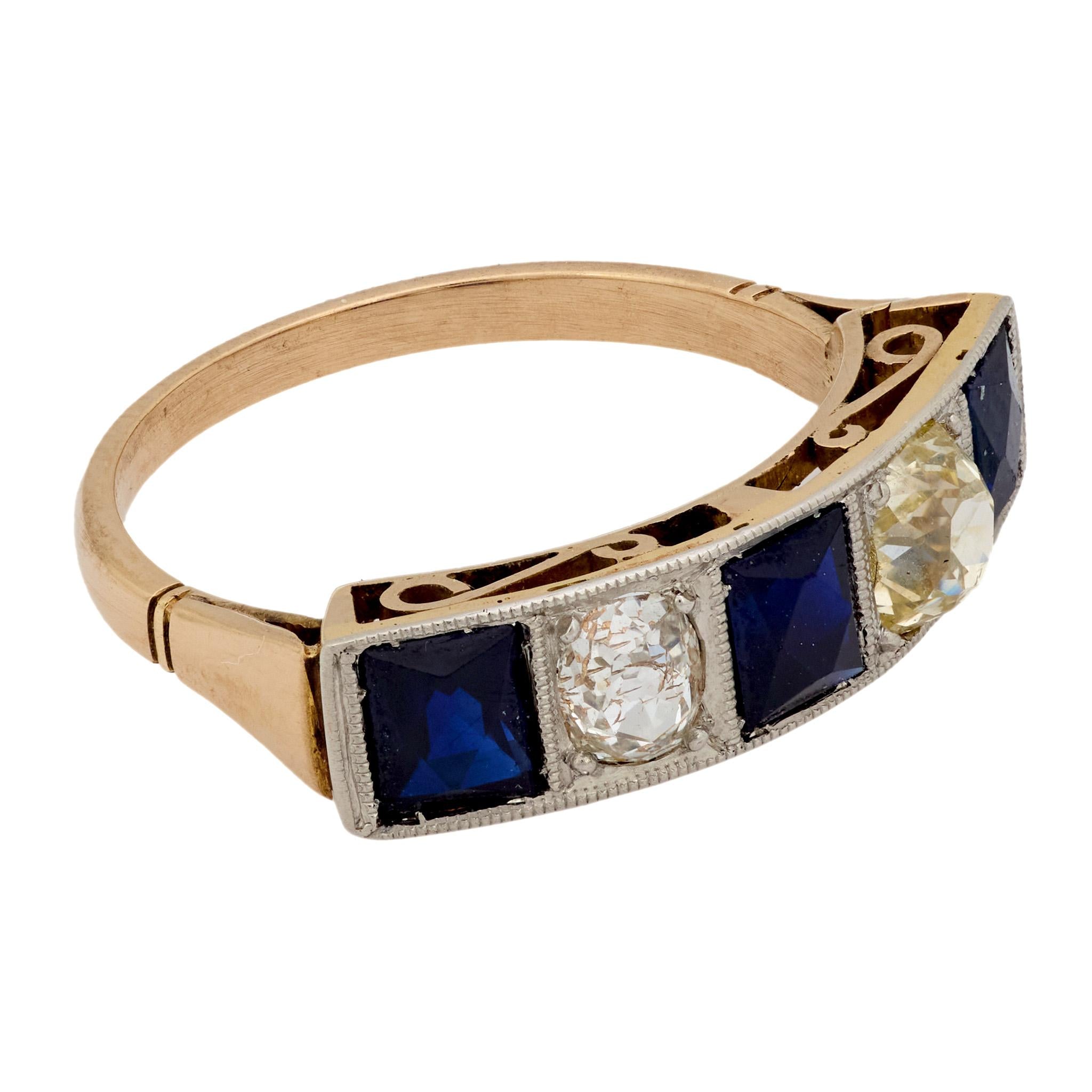 Edwardian sapphire diamond 18k yellow gold five stone ring