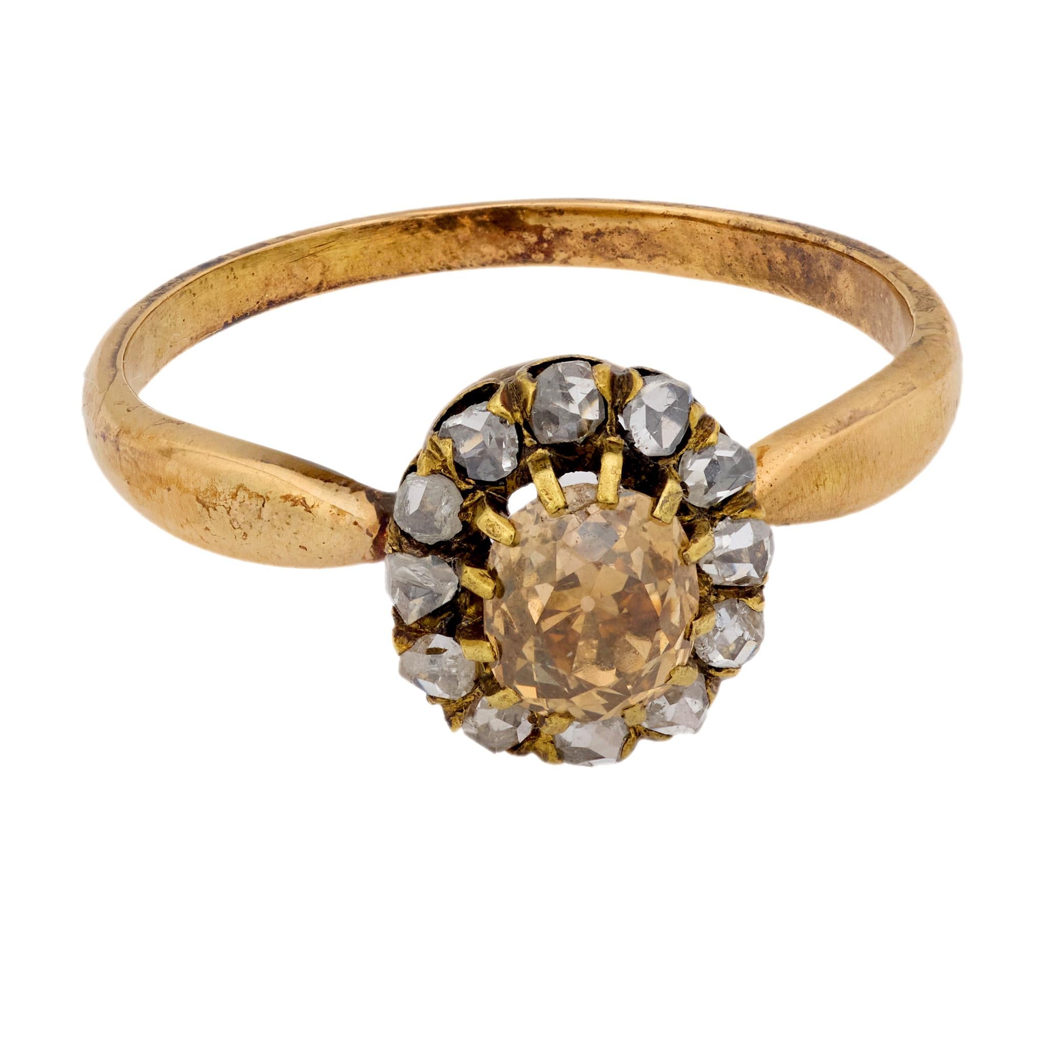 Victorian old mine cut diamond 18k yellow gold cluster ring