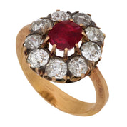 Victorian ruby diamond 18k yellow gold cluster ring