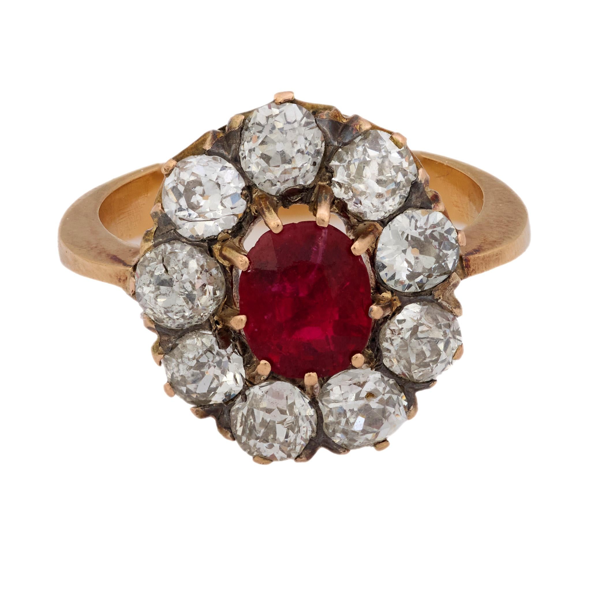 Victorian ruby diamond 18k yellow gold cluster ring
