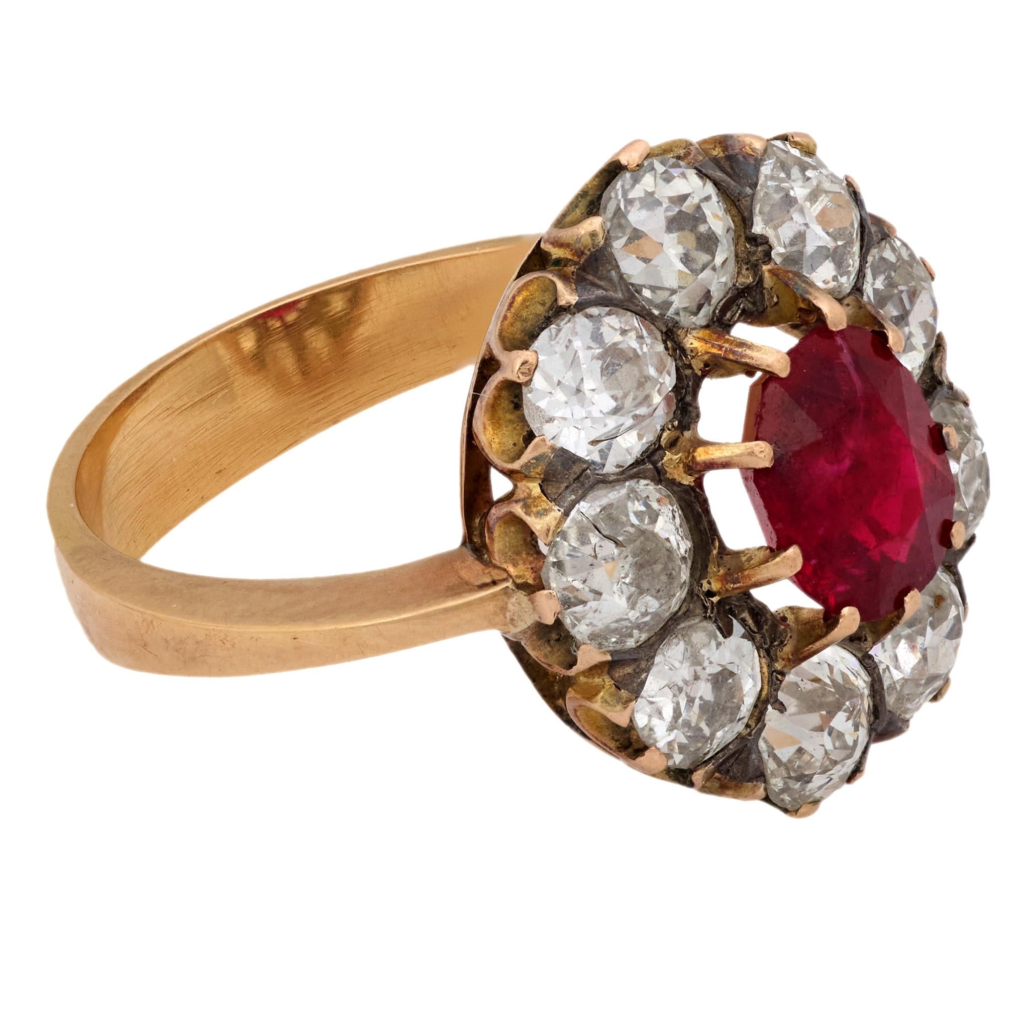 Victorian ruby diamond 18k yellow gold cluster ring