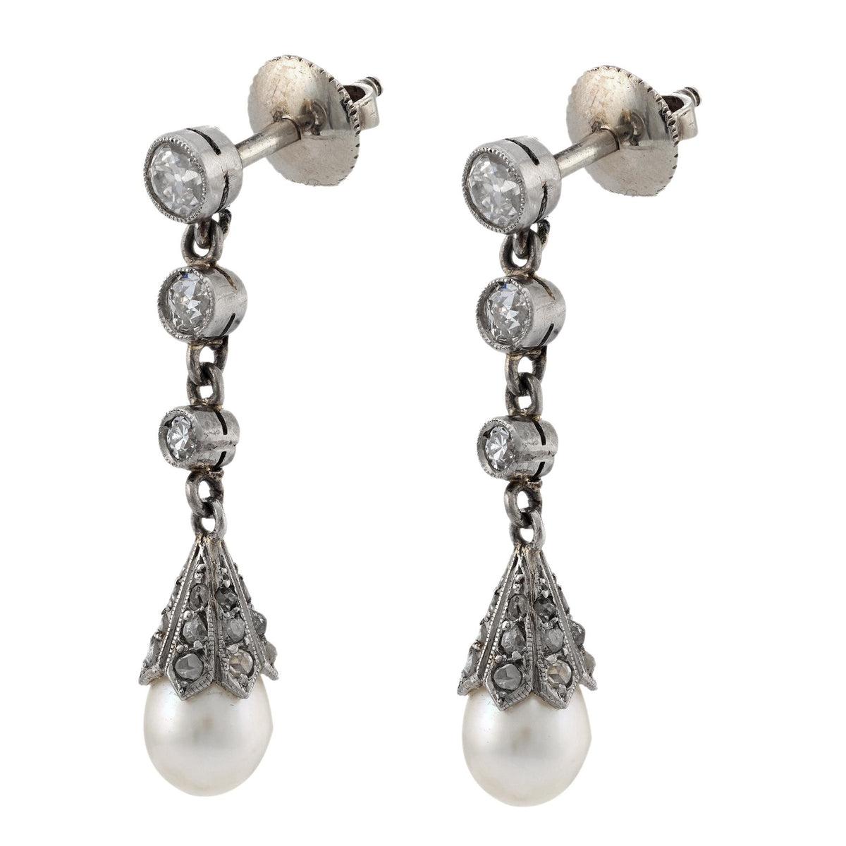 Edwardian pearl diamond platinum drop earrings