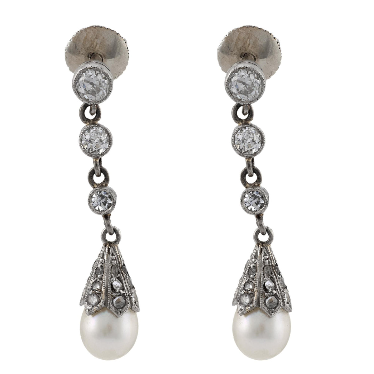Edwardian pearl diamond platinum drop earrings