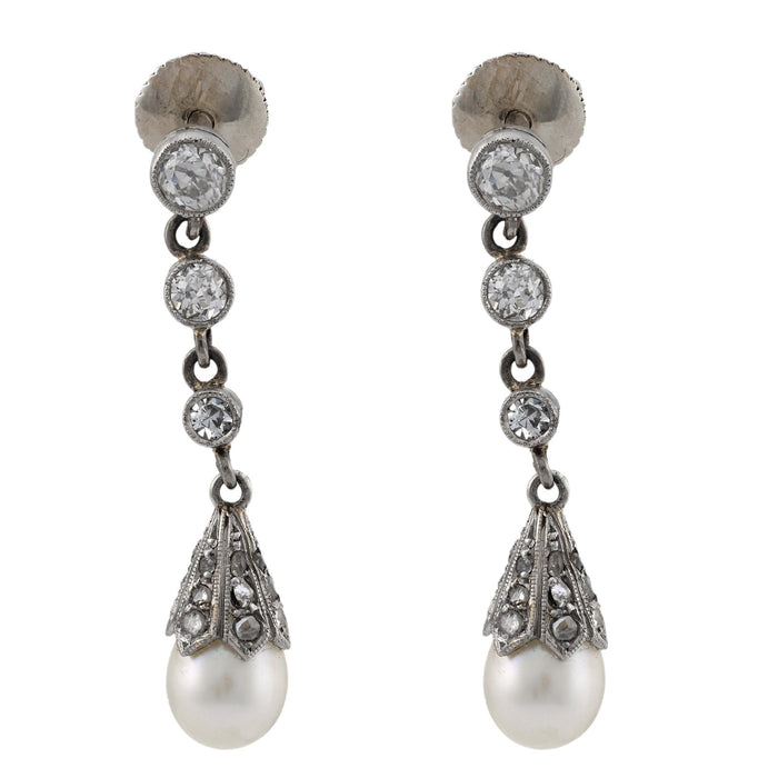Edwardian pearl diamond platinum drop earrings