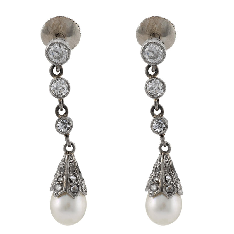 Edwardian pearl diamond platinum drop earrings