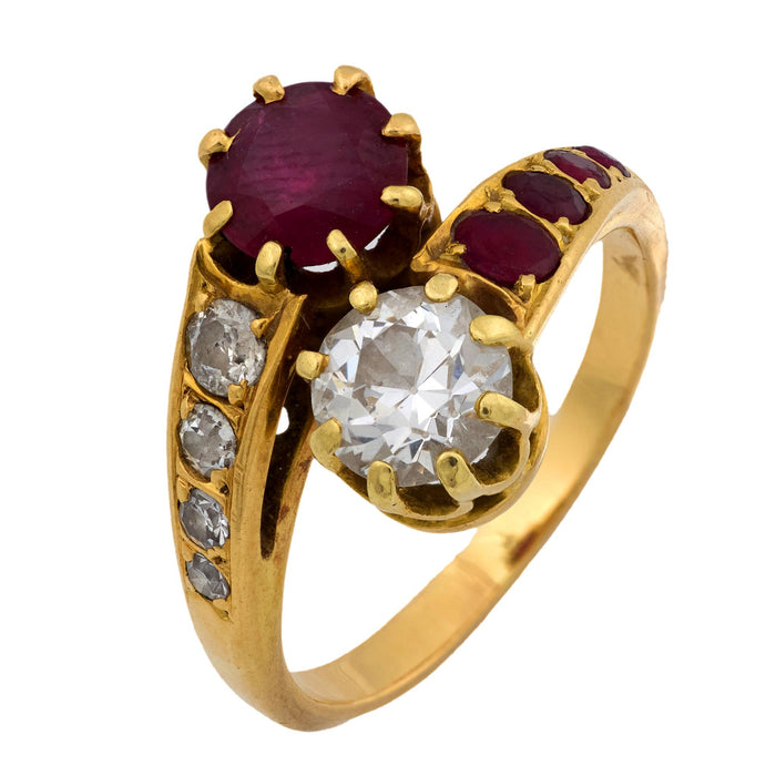 Retro French diamond ruby 18k yellow gold Toi Et Moi ring