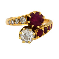 Retro French diamond ruby 18k yellow gold Toi Et Moi ring