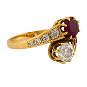 Retro French diamond ruby 18k yellow gold Toi Et Moi ring