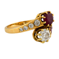 Retro French diamond ruby 18k yellow gold Toi Et Moi ring