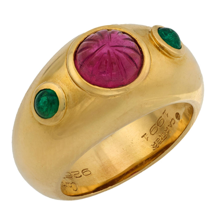 Cartier French 2 carat carved pink sapphire emerald 18k yellow gold ring