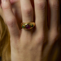 Cartier French 2 carat carved pink sapphire emerald 18k yellow gold ring