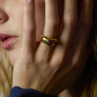 Cartier French 2 carat carved pink sapphire emerald 18k yellow gold ring